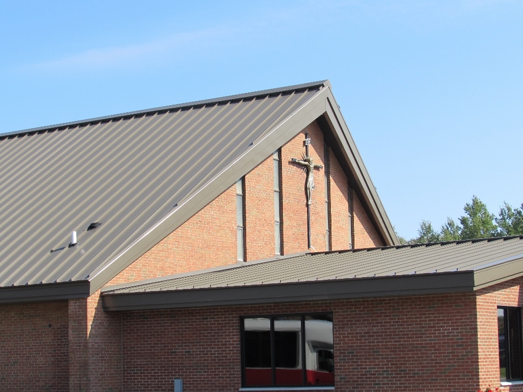 A church with a standing seam metal roof